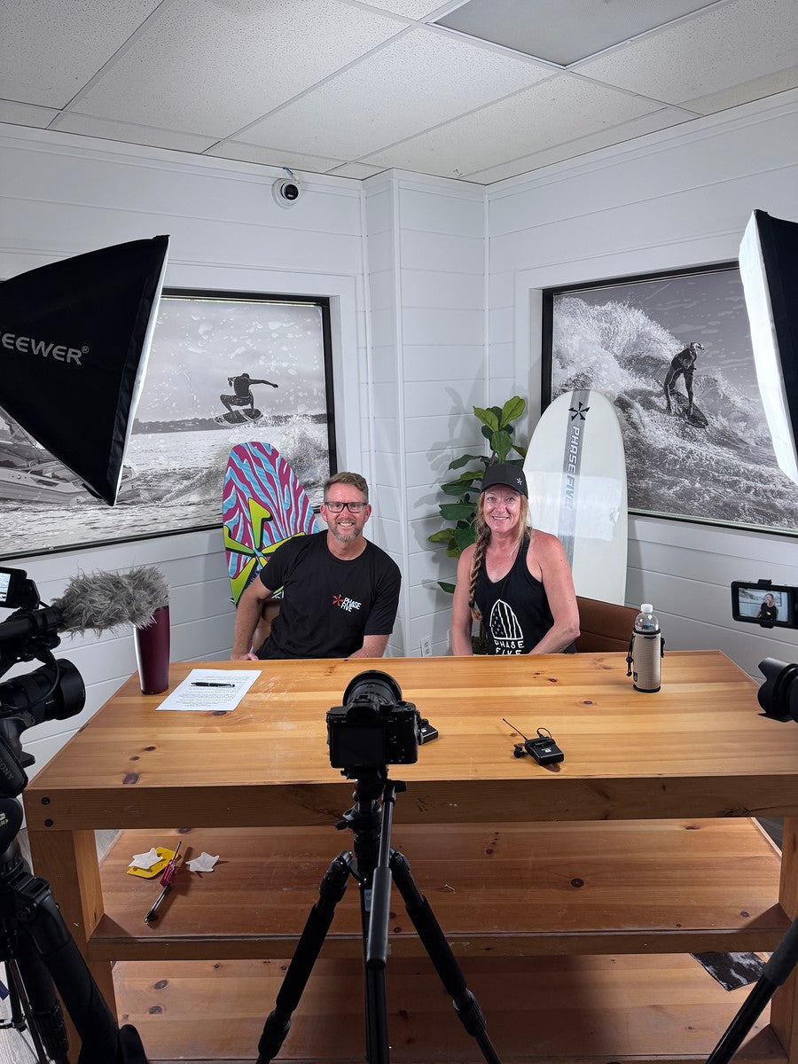 Caro Villeneuve in conversation with the Phase Five podcast host at the studio table.