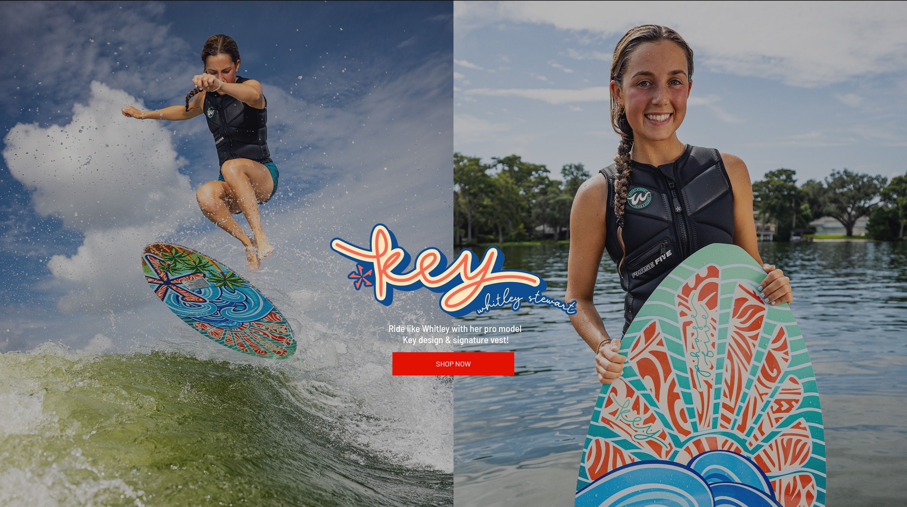 Whitley Stewart riding and holding her Phase Five Key wakesurf board
