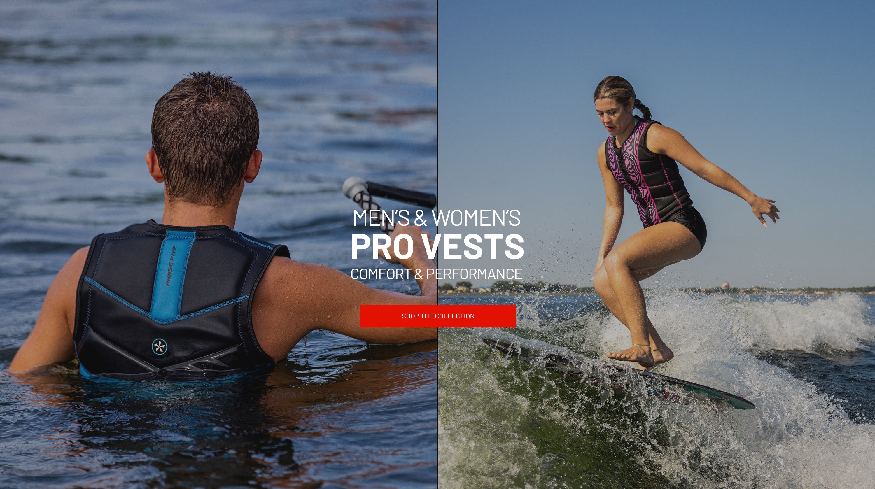 Phase Five riders wearing men's and women's Pro Vests while wakesurfing