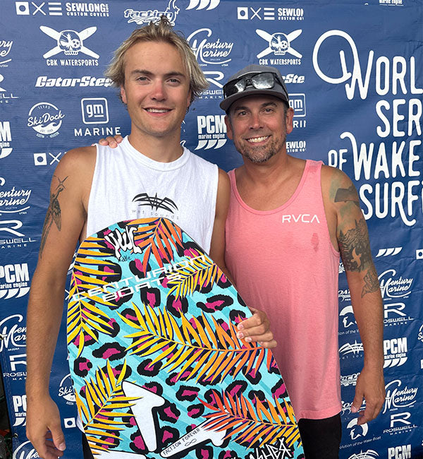Cade Lybeck wakesurfing on a Phase Five board
