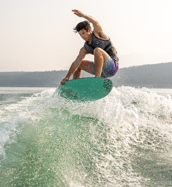 Dagen Duczek wakesurfing on a Phase Five board