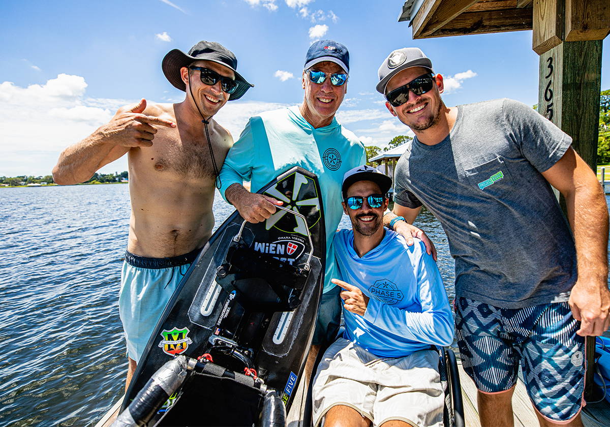 Florian Dungl wakesurfing on a Phase Five board