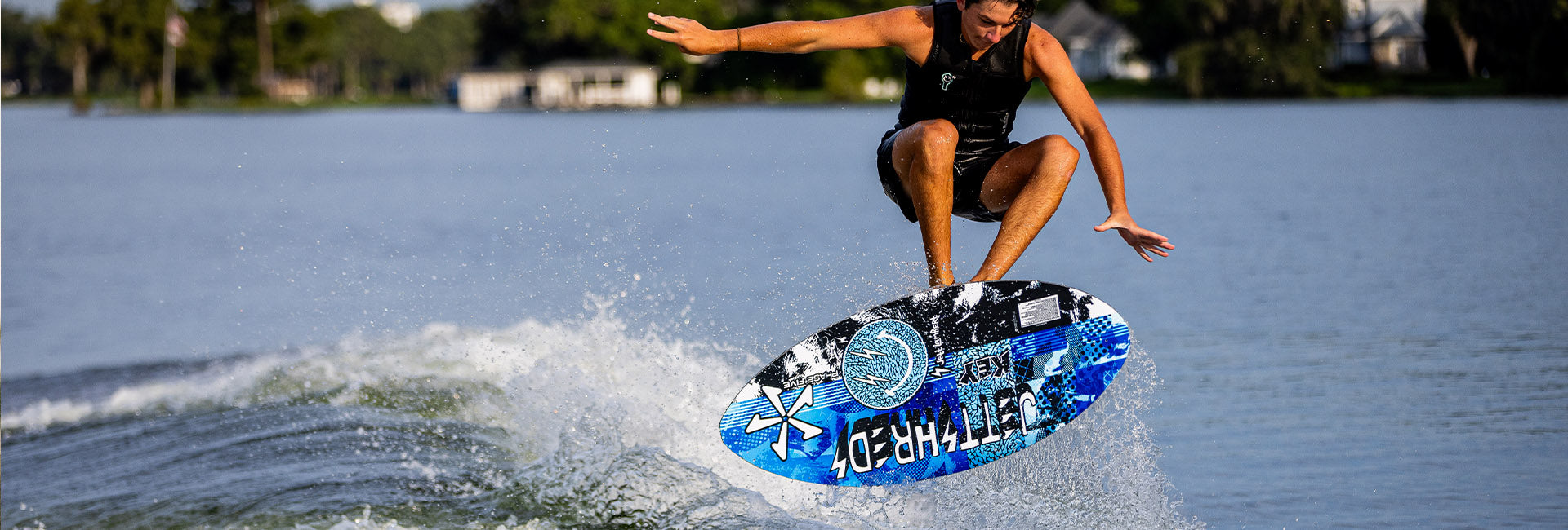 Jett Lambert wakesurfing on a Phase Five Key Jett Shreds board
