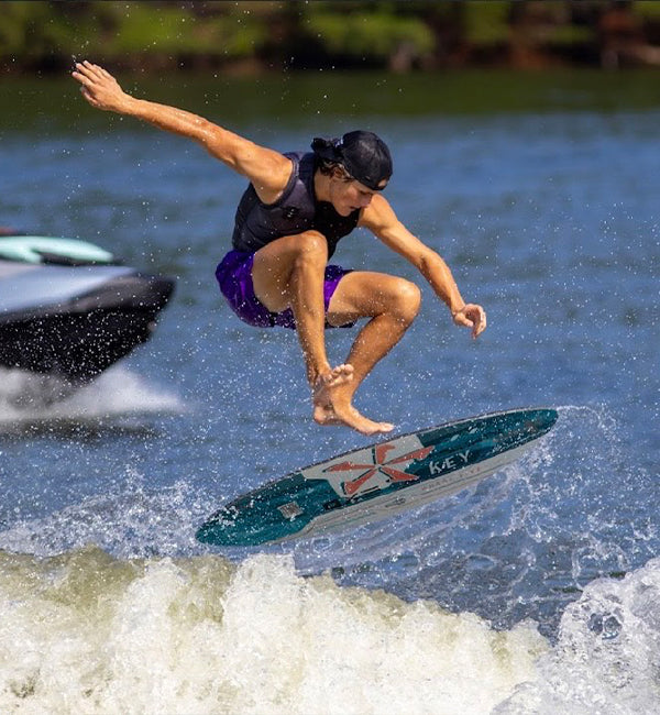 Luke Hutcherson wakesurfing on a Phase Five board